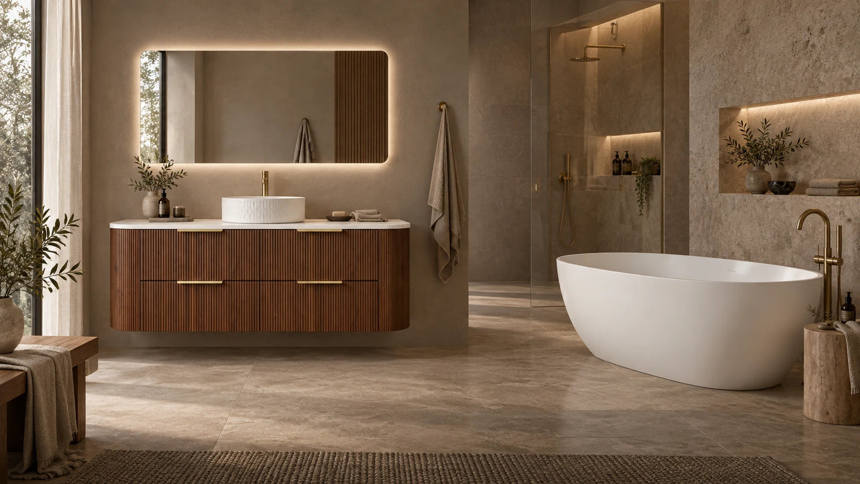 Full bathroom visualisation with Artis vanity, vessel basin, Ovian mirror, Odisia bath and a shower