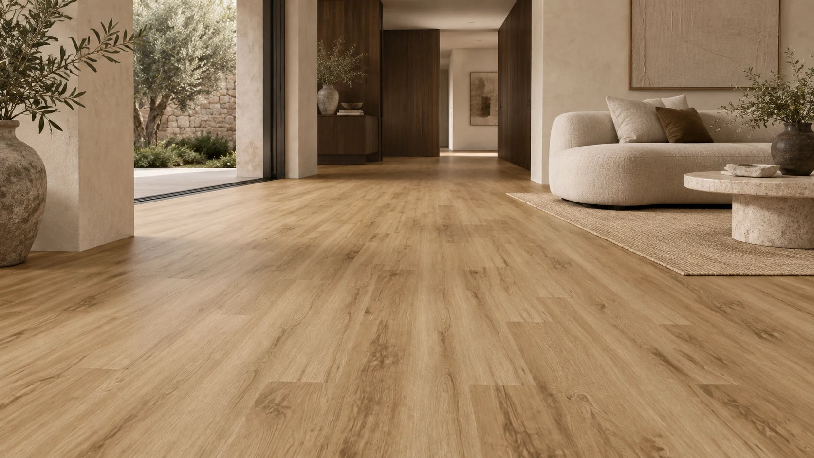 Warm Linear Oak SPC plank flooring in a softly lit living room visualisation