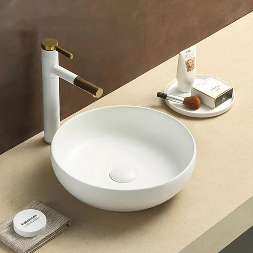 Above Counter Matte White Fine Ceramic Basin Round