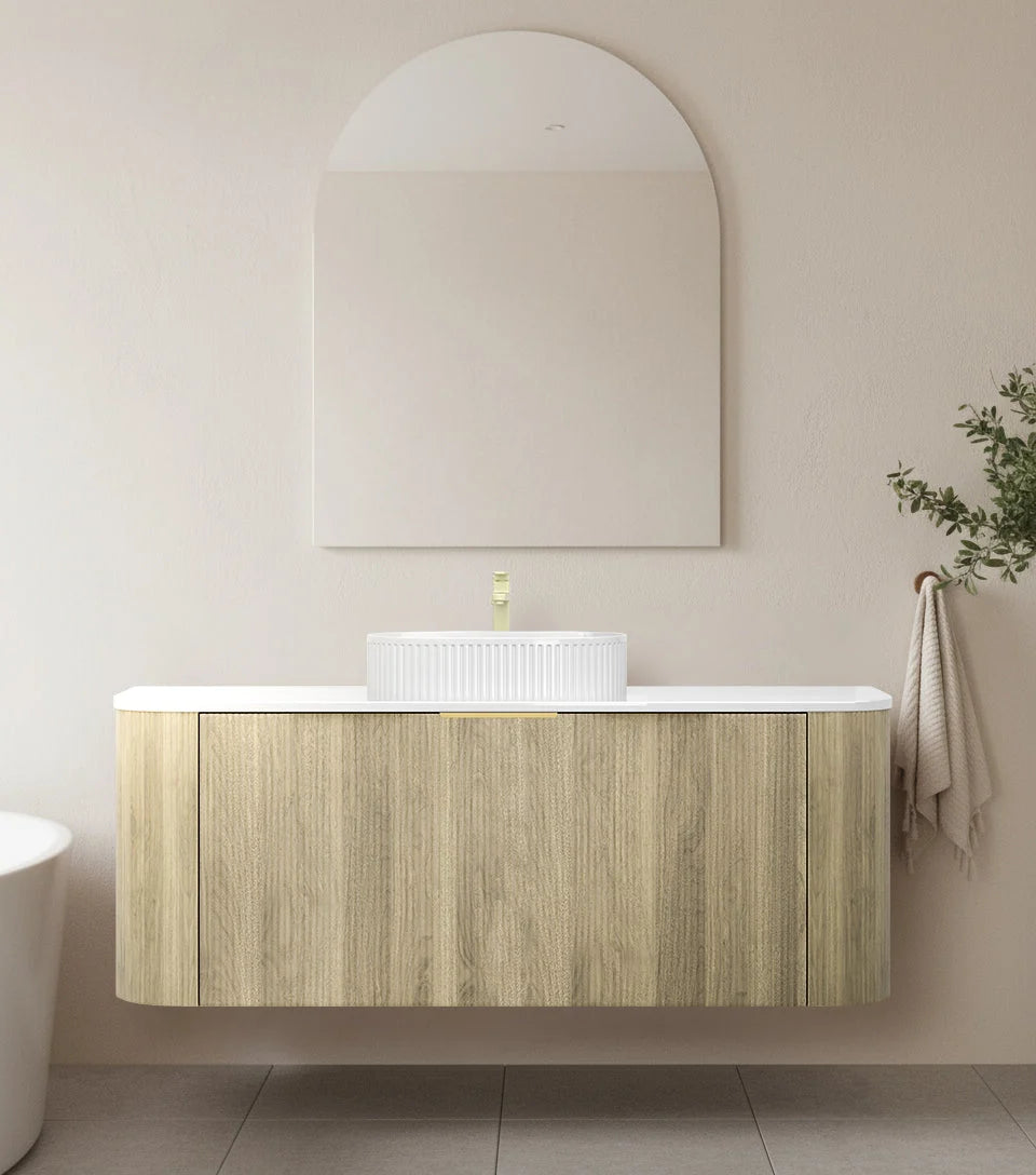 Wall-Mounted PVC Fluted Curved Cabinet with Inner Drawers
