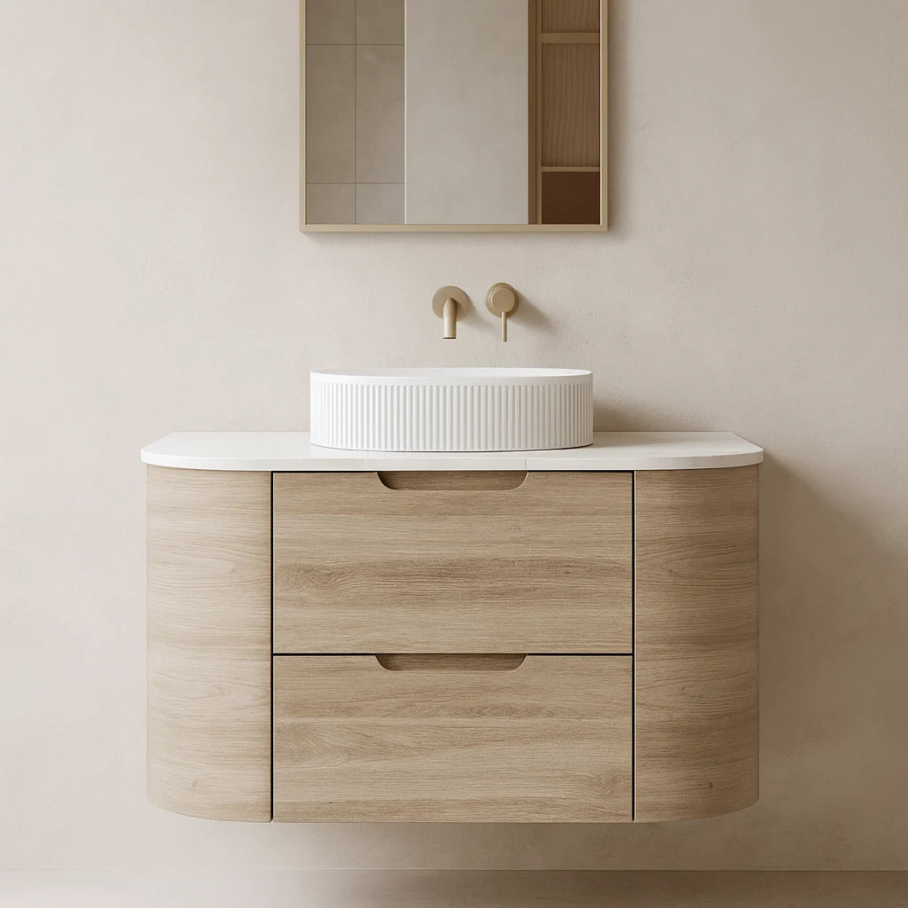 Calvo Fluted Wall-Mounted Curved Cabinet with Soft Closing Drawers