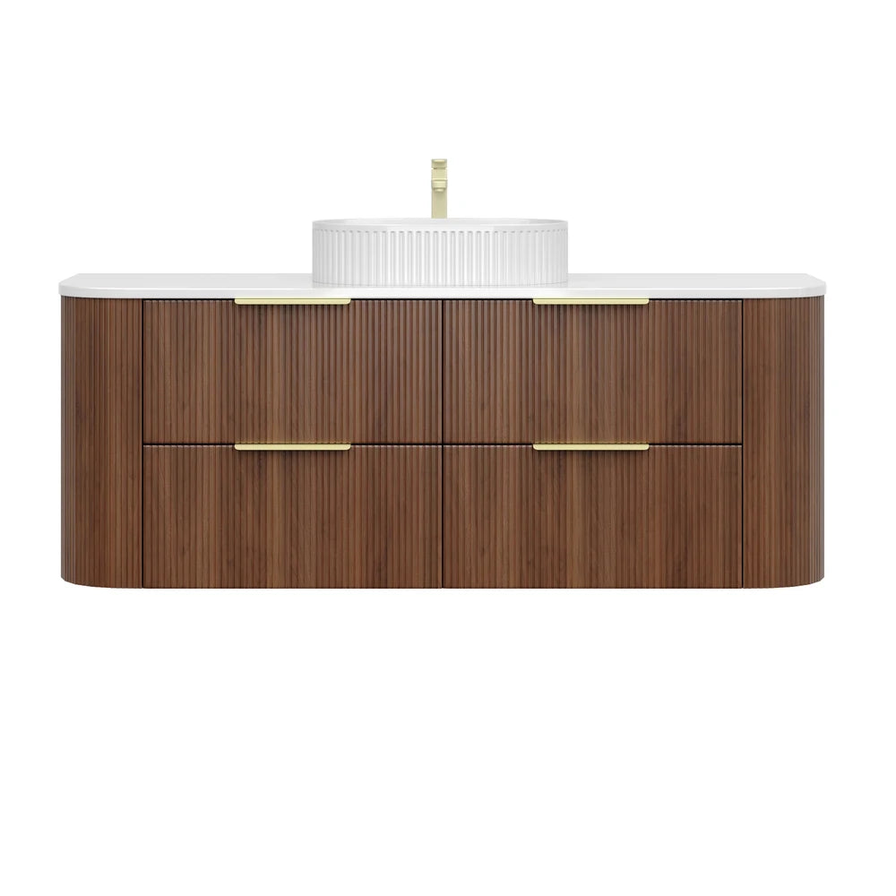 Original Artis walnut vanity supplier photo, shown with separately sold basin and tap