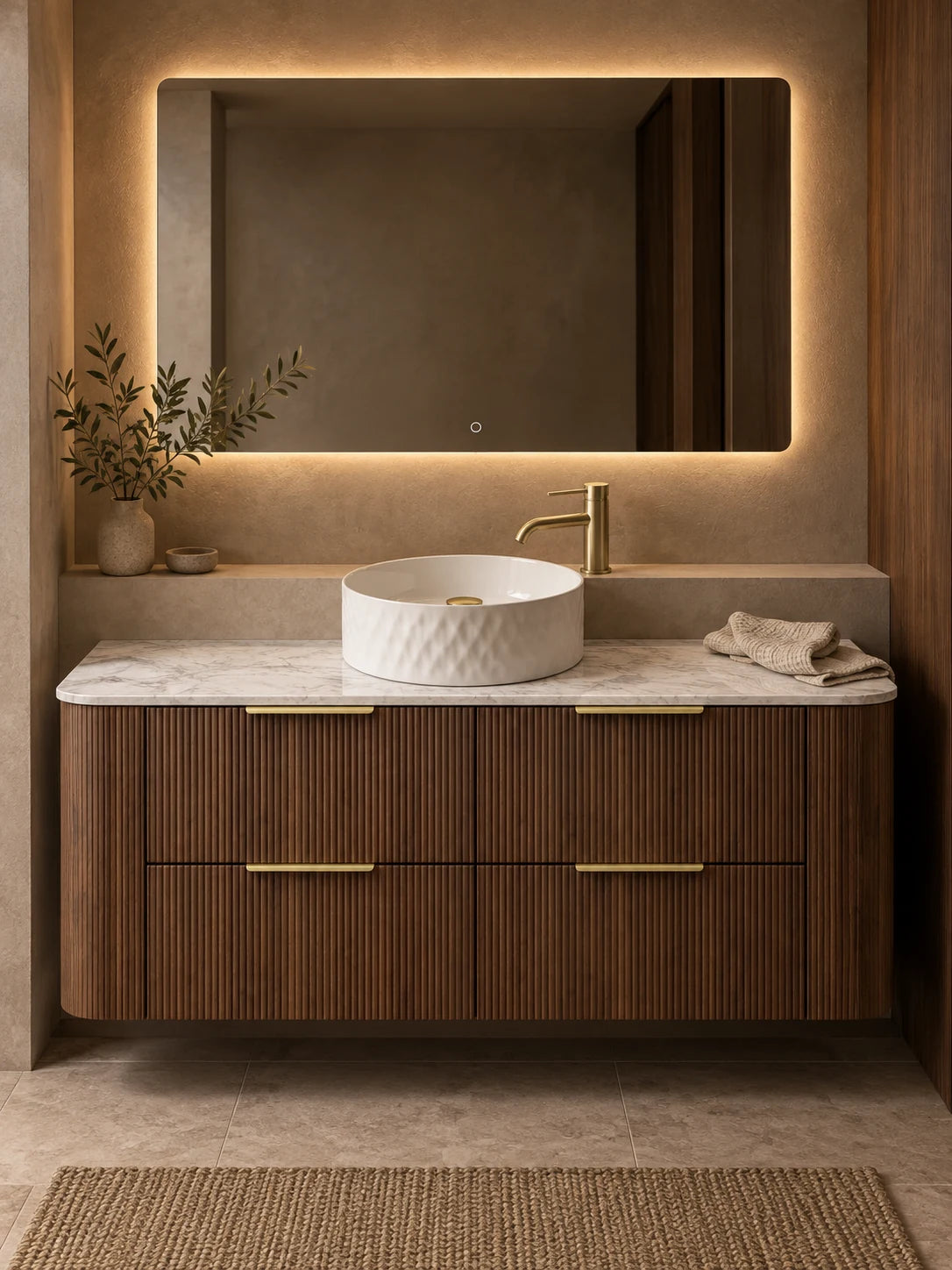 Styled Artis walnut vanity bundle with Ovian mirror and marble top